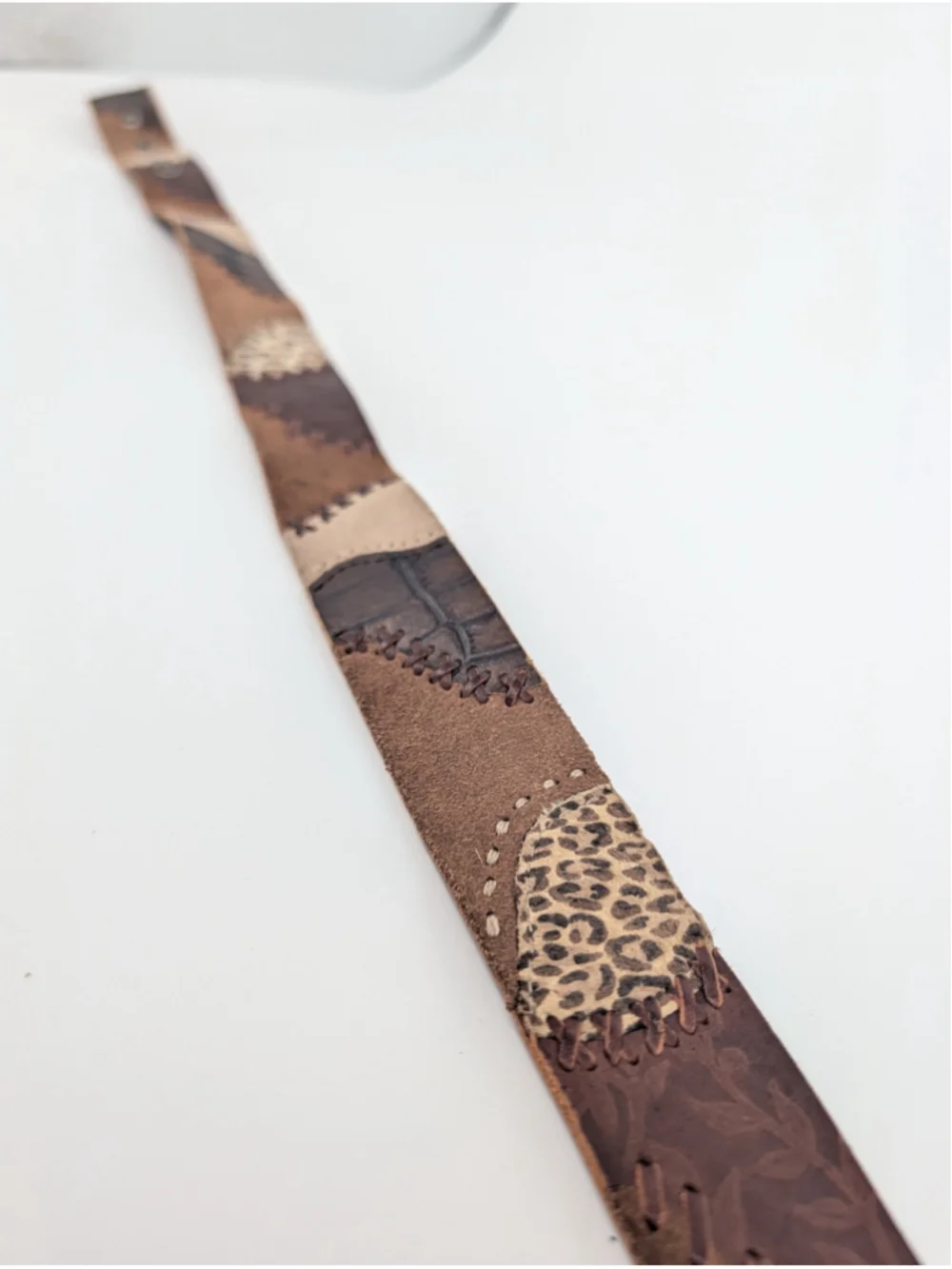 Fossil Leather Patchwork Belt M Brown Tooled Leopard Whipstitch Boho Western